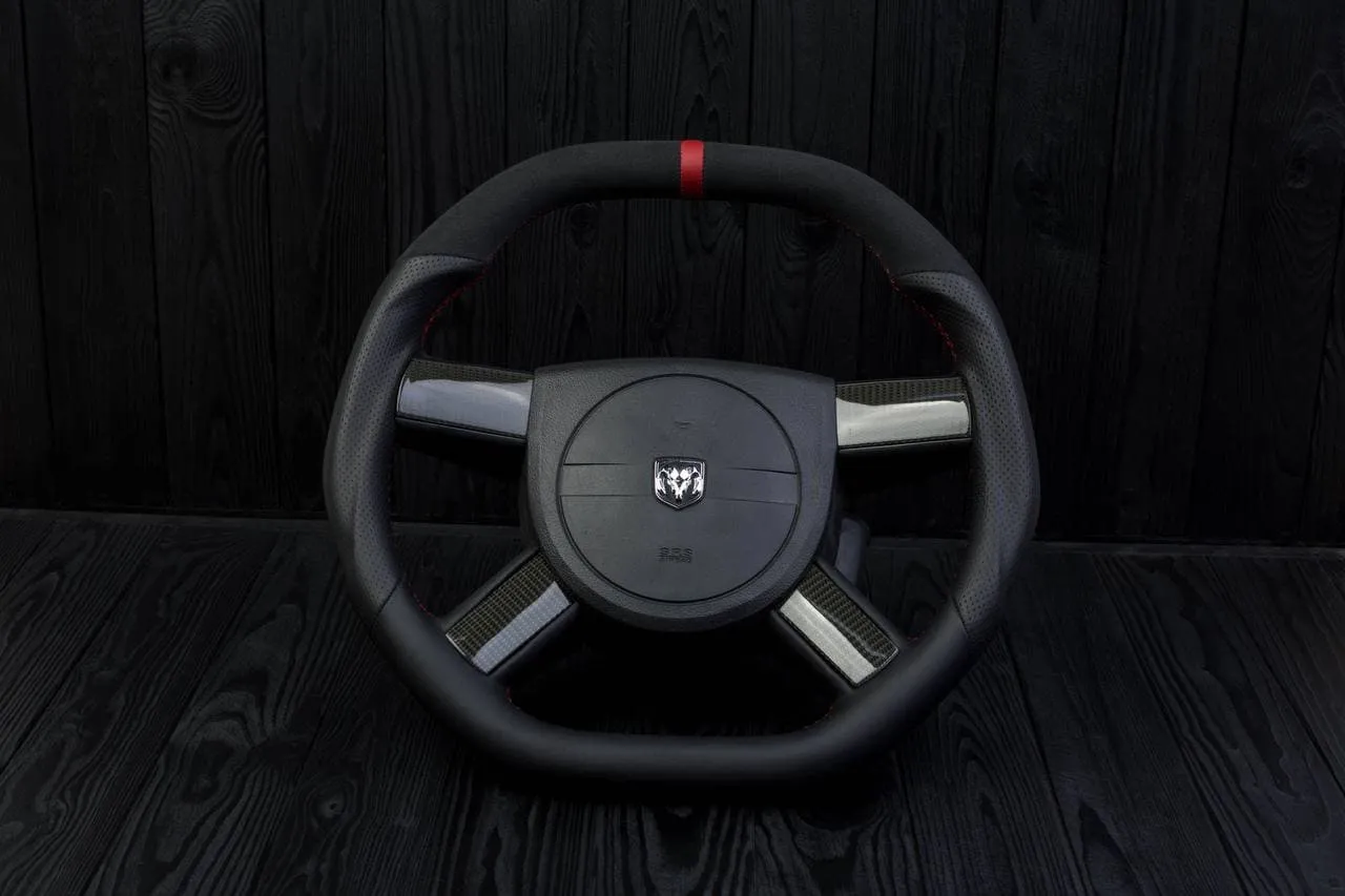 Steering wheel 2005-2010 Dodge Charger/Challenger + carbon trims Carbon fiber/Alcantara/Perforated leather/Red stripe