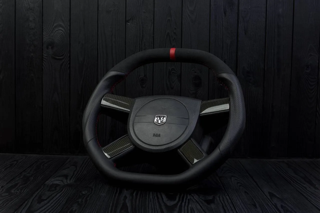 Steering wheel 2005-2010 Dodge Charger/Challenger + carbon trims Carbon fiber/Alcantara/Perforated leather/Red stripe - Image 3