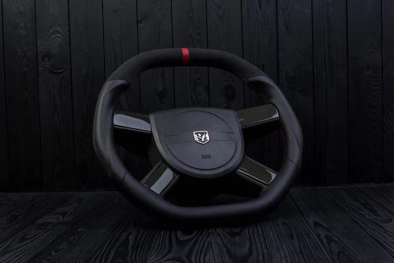 Steering wheel 2005-2010 Dodge Charger/Challenger + carbon trims Carbon fiber/Alcantara/Perforated leather/Red stripe - Image 4