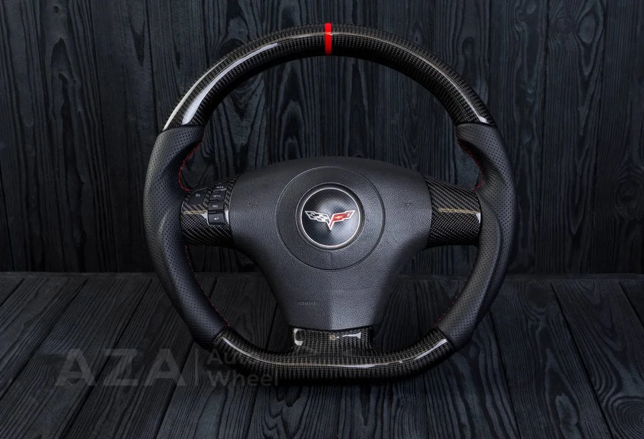 Steering wheel 2006-2011 Corvette C6 Carbon fiber/Perforated leather/Red stripe