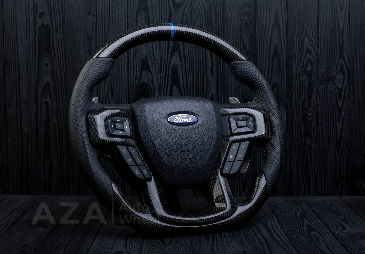 Steering wheel FORD RAPTOR 2015-2020 Carbon fiber/Perforated leather/Blue stripe - Image 2