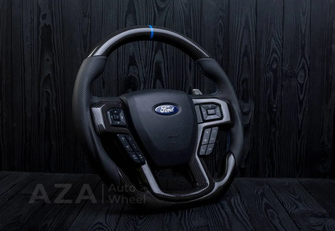 Steering wheel FORD RAPTOR 2015-2020 Carbon fiber/Perforated leather/Blue stripe - Image 3