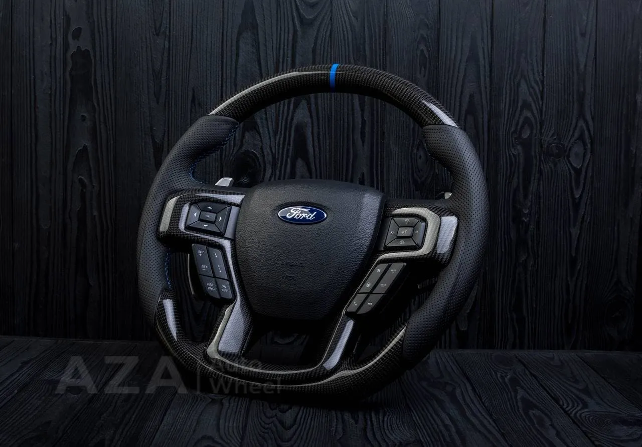 Steering wheel FORD RAPTOR 2015-2020 Carbon fiber/Perforated leather/Blue stripe - Image 5