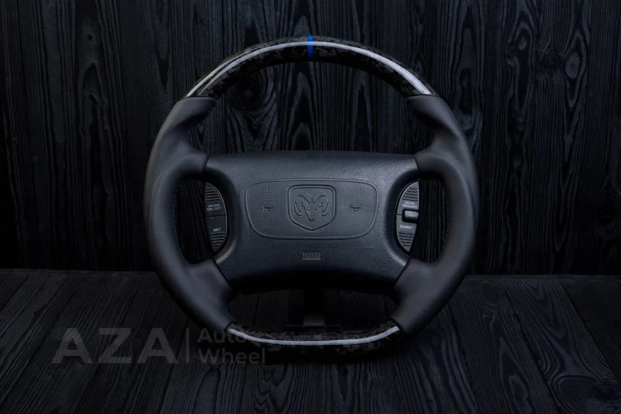 Custom Steering wheel DODGE RAM Dakota 2ND GEN 1998-2002 Forged carbon/Napa italian leather/Blue stripe