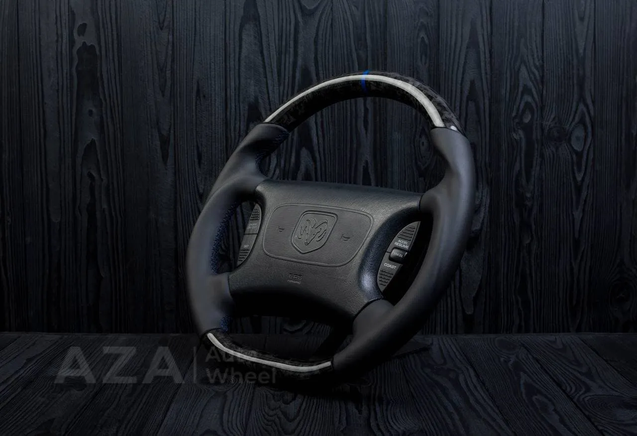 Custom Steering wheel DODGE RAM Dakota 2ND GEN 1998-2002 Forged carbon/Napa italian leather/Blue stripe - Image 4