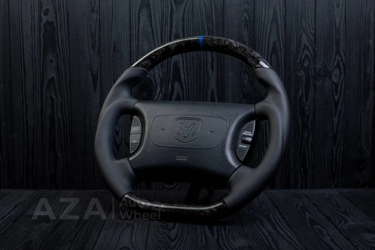 Custom Steering wheel DODGE RAM Dakota 2ND GEN 1998-2002 Forged carbon/Napa italian leather/Blue stripe - Image 3