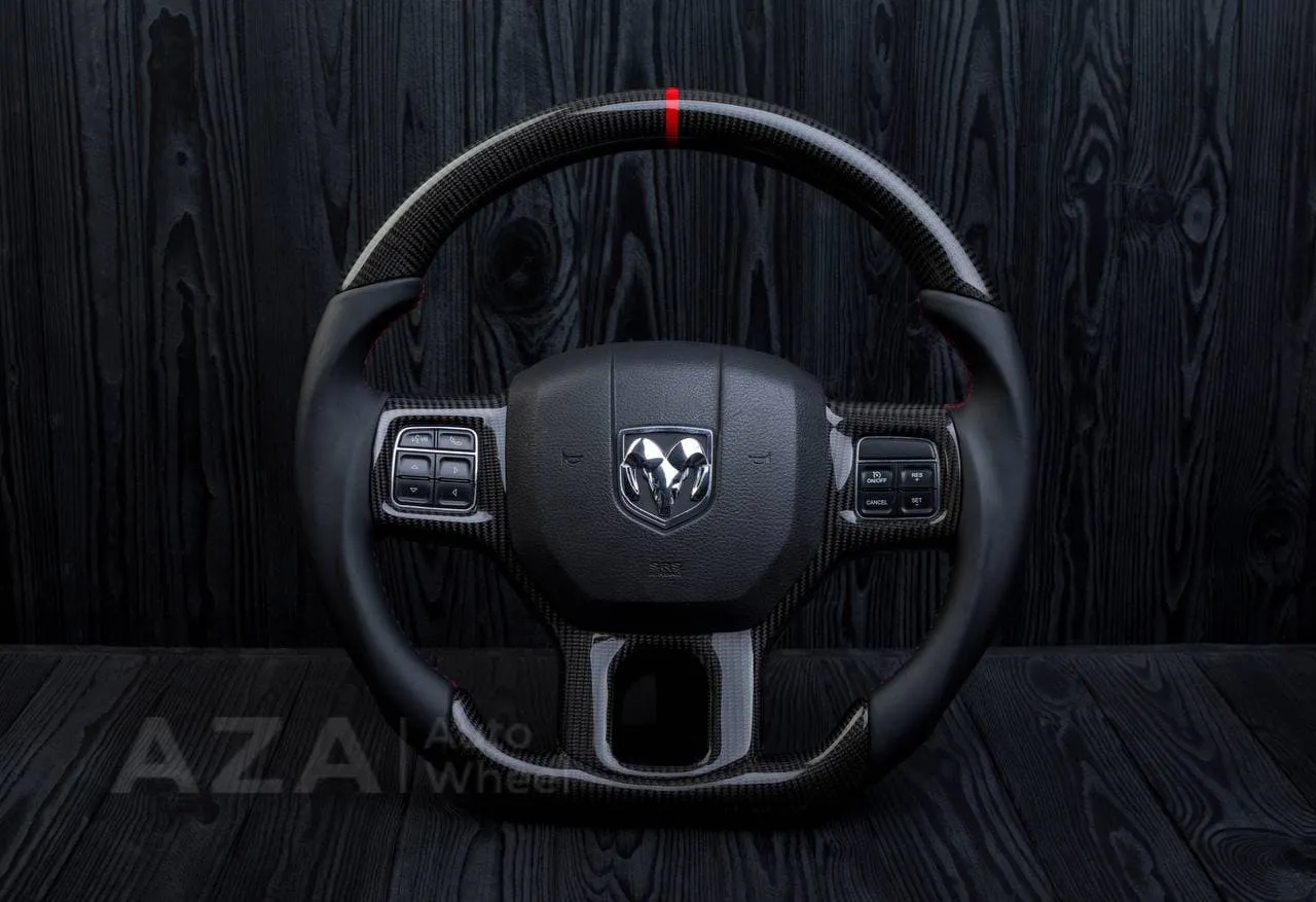 Steering wheel Dodge Ram 1500/2500/3500 2010-2018 Flat bottom,Non heated Napa/Carbon fiber/Red stripe