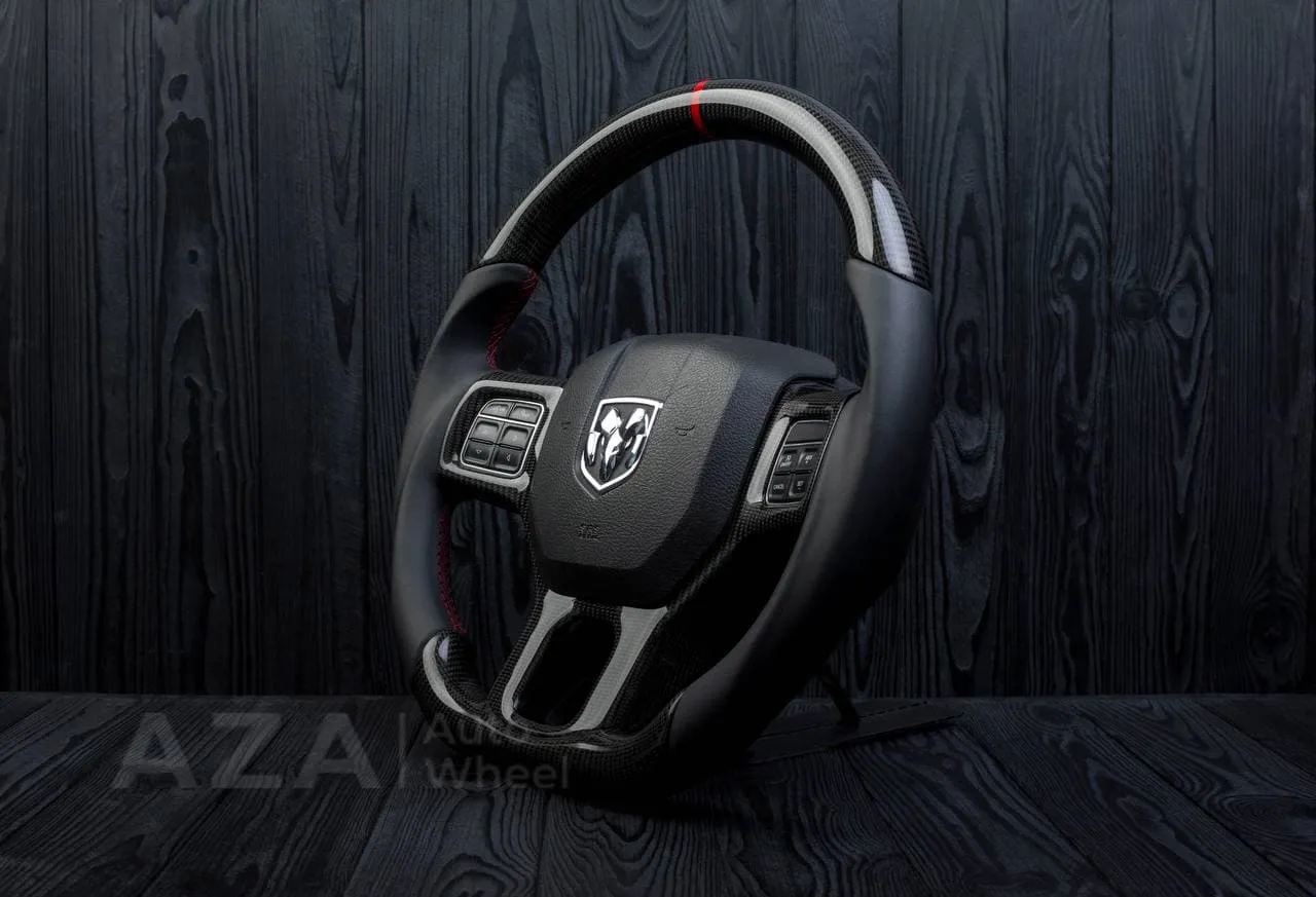 Steering wheel Dodge Ram 1500/2500/3500 2010-2018 Flat bottom,Non heated Napa/Carbon fiber/Red stripe - Image 4