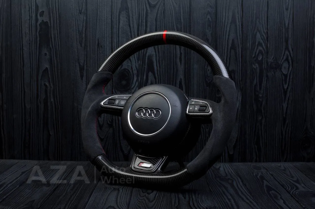Steering wheel AUDI A3, A4, A6, A7, A8, S LINE 2011-2018 Carbon fiber/Alcantara/Red stripe - Image 3