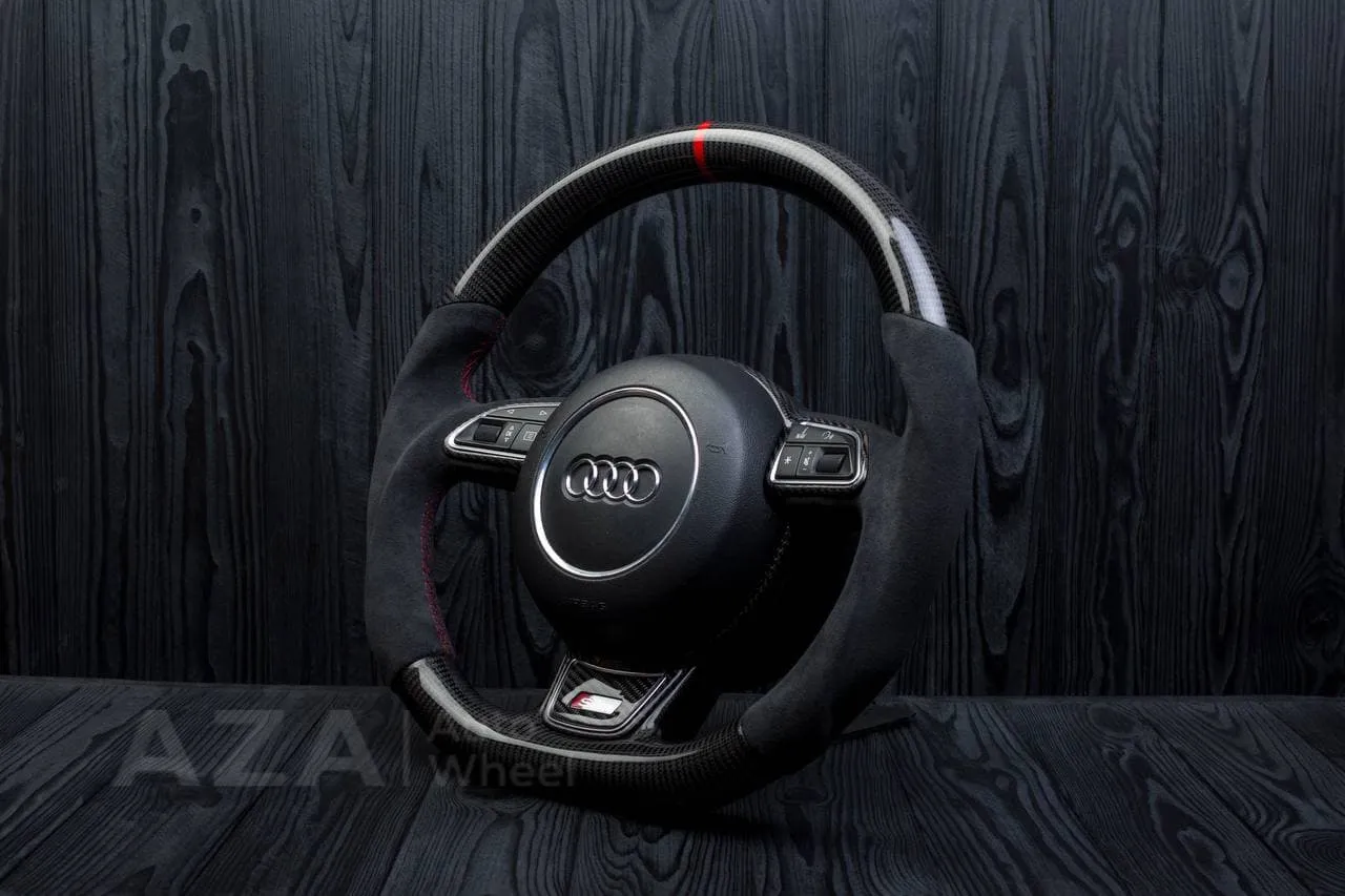 Steering wheel AUDI A3, A4, A6, A7, A8, S LINE 2011-2018 Carbon fiber/Alcantara/Red stripe - Image 4