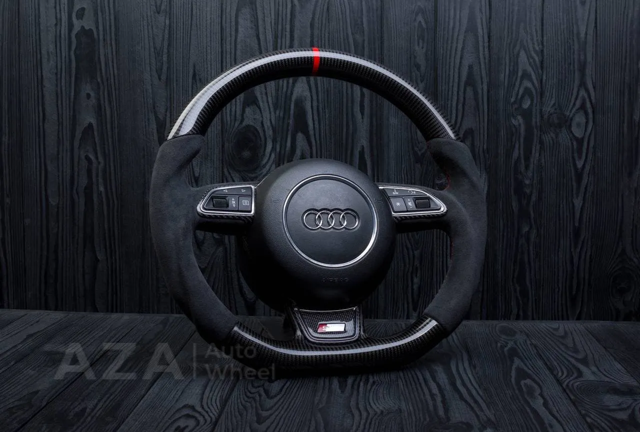 Steering wheel AUDI A3, A4, A6, A7, A8, S LINE 2011-2018 Carbon fiber/Alcantara/Red stripe - Image 5