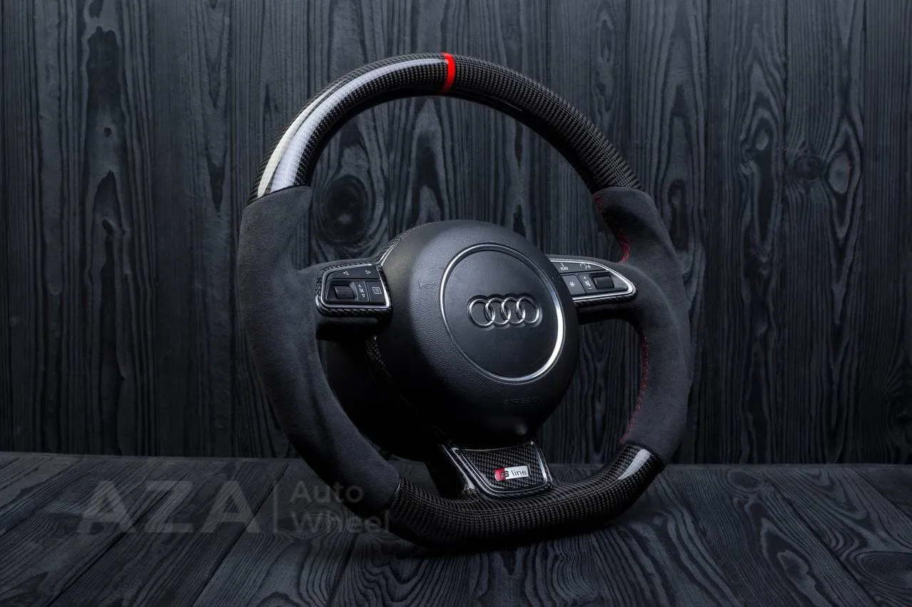 Steering wheel AUDI A3, A4, A6, A7, A8, S LINE 2011-2018 Carbon fiber/Alcantara/Red stripe - Image 6