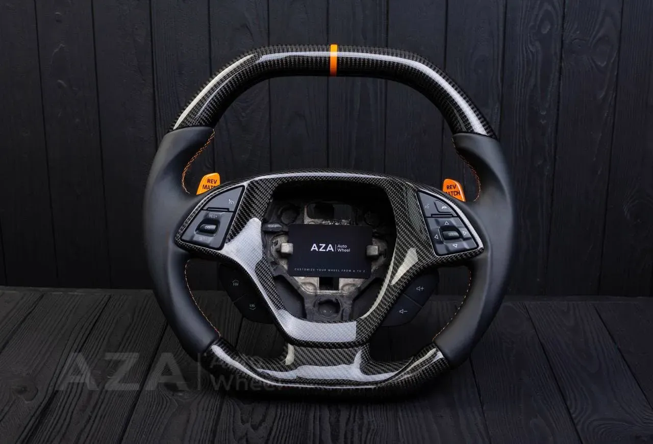 Steering wheel Chevrolet Corvette C7 2014-2019 Flat top and flat bottom,any color stripe and stitch and Rev match or +- paddles. Carbon fiber/Napa/Yellow stripe