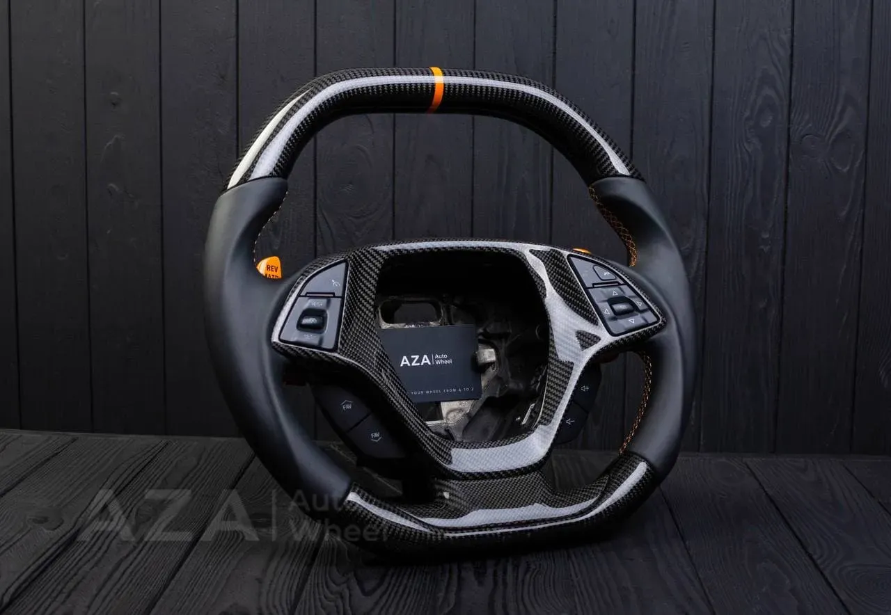 Steering wheel Chevrolet Corvette C7 2014-2019 Flat top and flat bottom,any color stripe and stitch and Rev match or +- paddles. Carbon fiber/Napa/Yellow stripe - Image 3