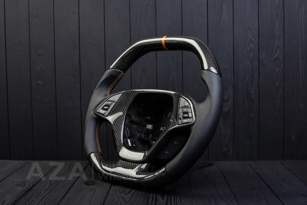 Steering wheel Chevrolet Corvette C7 2014-2019 Flat top and flat bottom,any color stripe and stitch and Rev match or +- paddles. Carbon fiber/Napa/Yellow stripe - Image 6