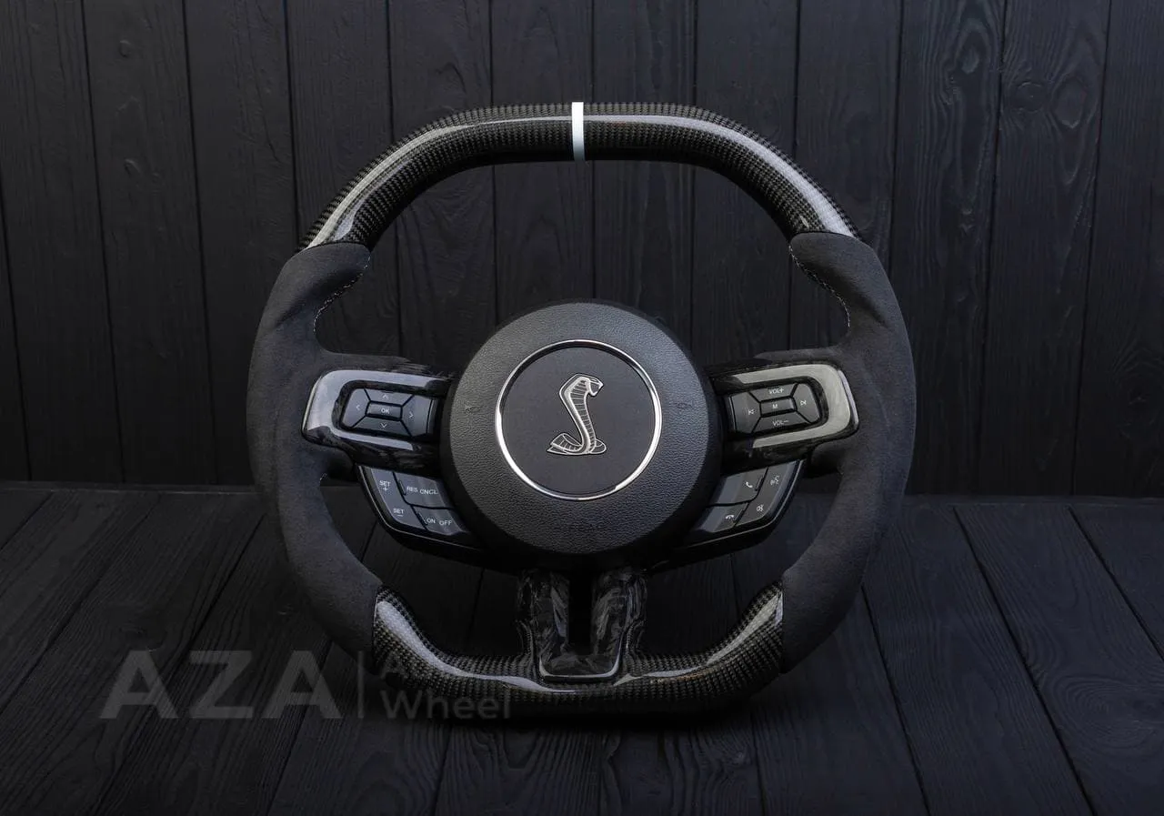 Steering wheel 2015+ Mustang custom unique flat top/bottom carbon steering wheel + white details+alcantara (Less air bag/buttons)