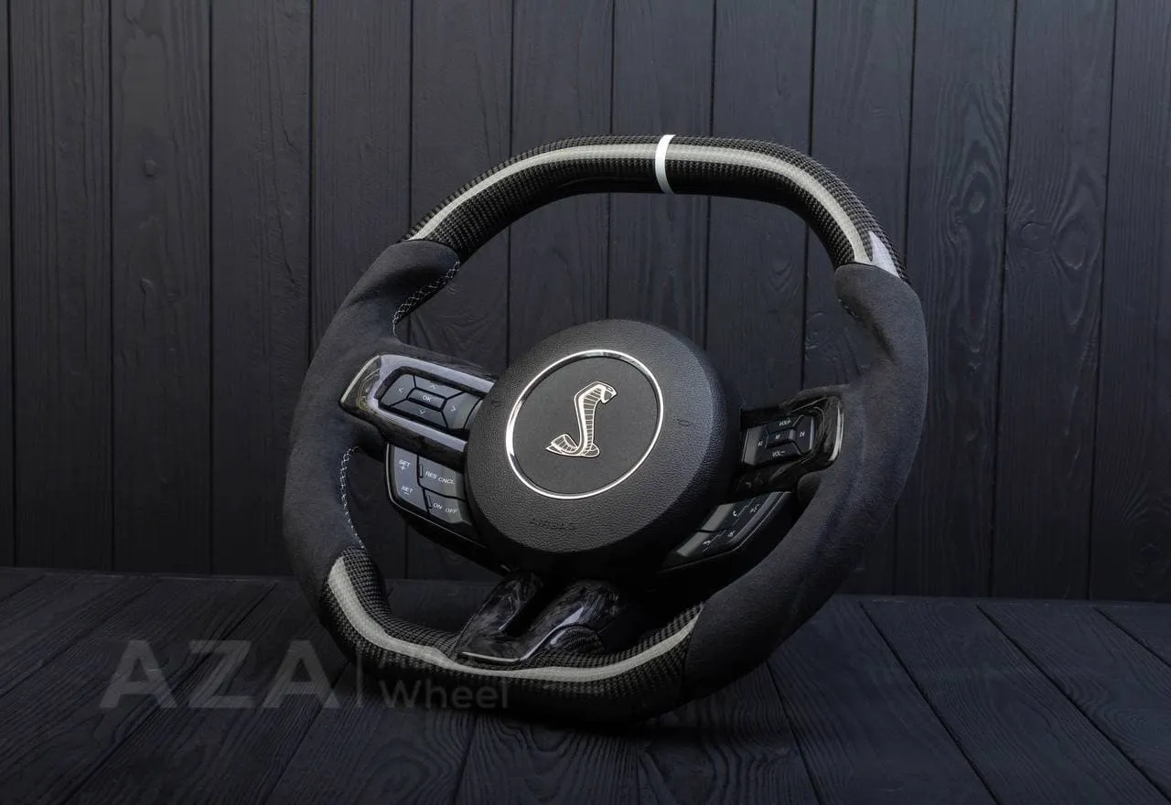 Steering wheel 2015+ Mustang custom unique flat top/bottom carbon steering wheel + white details+alcantara (Less air bag/buttons) - Image 3