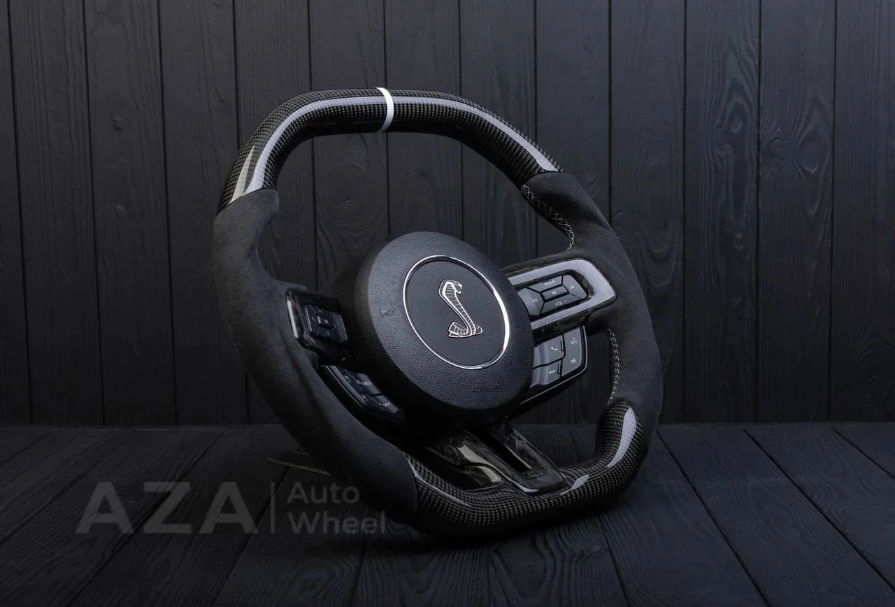 Steering wheel 2015+ Mustang custom unique flat top/bottom carbon steering wheel + white details+alcantara (Less air bag/buttons) - Image 5