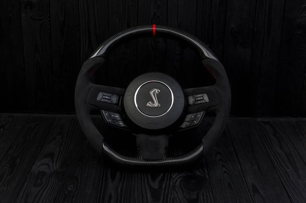 Steering wheel 2015+ Mustang custom unique carbon steering wheel + red details + alcantara trims and sides. (Less air bag/buttons)