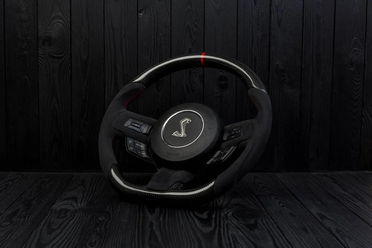 Steering wheel 2015+ Mustang custom unique carbon steering wheel + red details + alcantara trims and sides. (Less air bag/buttons) - Image 3