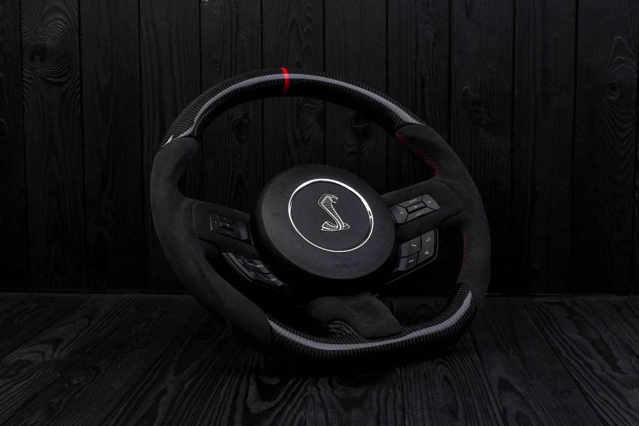 Steering wheel 2015+ Mustang custom unique carbon steering wheel + red details + alcantara trims and sides. (Less air bag/buttons) - Image 4