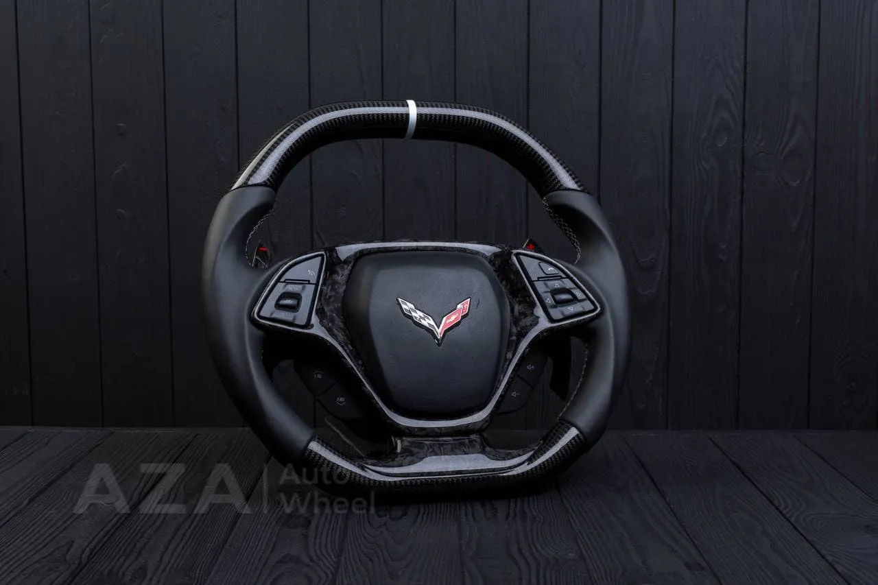Steering wheel Chevrolet Corvette C7 2014-2019 Flat top and flat bottom,any color stripe and stitch and Rev match or +- paddles. Carbon fiber/Napa/Silver stripe - Image 3