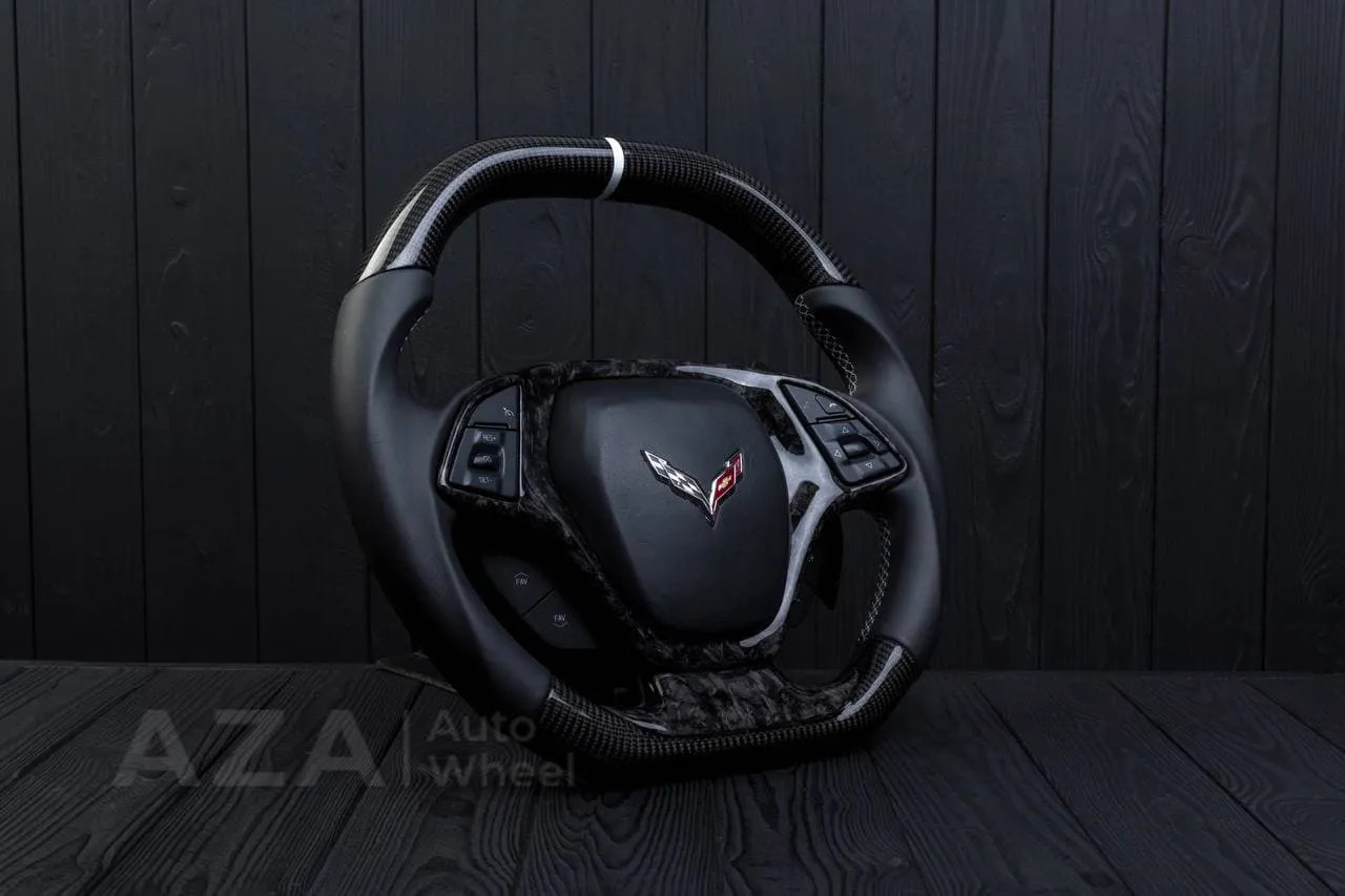 Steering wheel Chevrolet Corvette C7 2014-2019 Flat top and flat bottom,any color stripe and stitch and Rev match or +- paddles. Carbon fiber/Napa/Silver stripe - Image 4