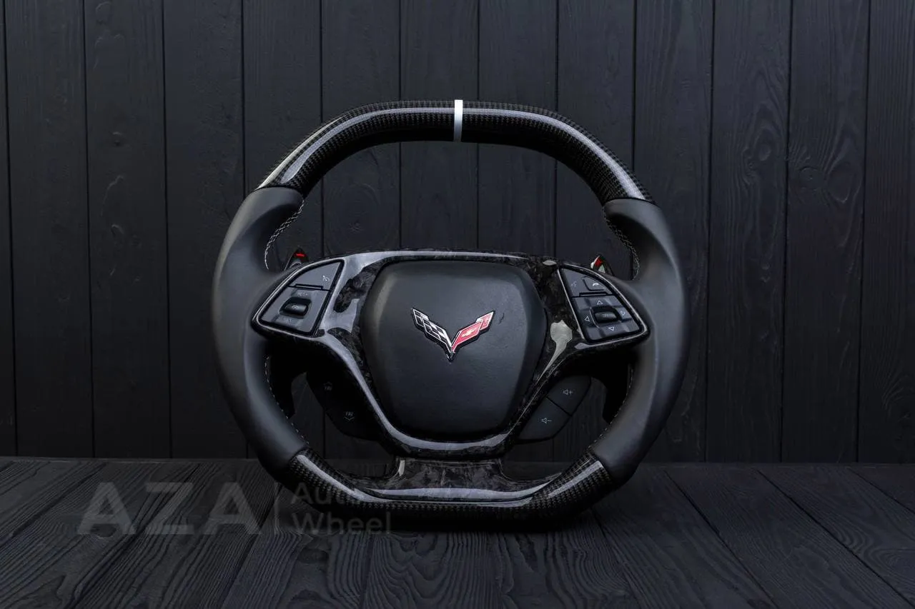 Steering wheel Chevrolet Corvette C7 2014-2019 Flat top and flat bottom,any color stripe and stitch and Rev match or +- paddles. Carbon fiber/Napa/Silver stripe