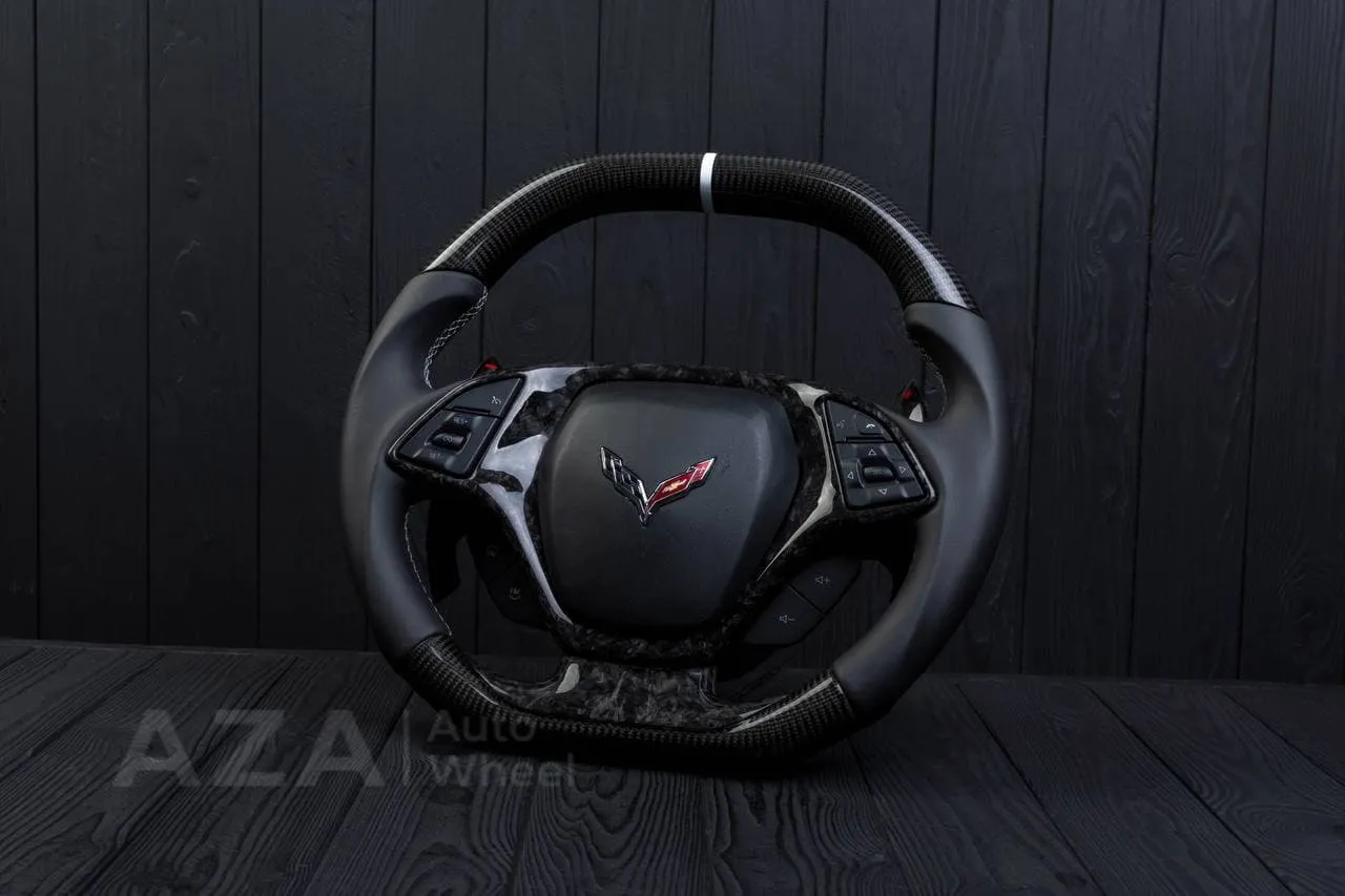 Steering wheel Chevrolet Corvette C7 2014-2019 Flat top and flat bottom,any color stripe and stitch and Rev match or +- paddles. Carbon fiber/Napa/Silver stripe - Image 5