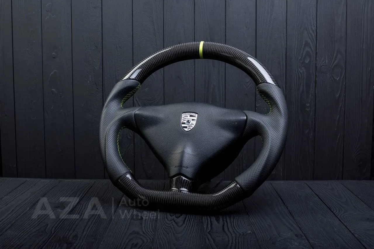 Steering wheel Porsche S996 911 993 Turbo S GT RS Like details (can be any color per request) Carbon fiber/Perforated leather/Yellow stripe - Image 3