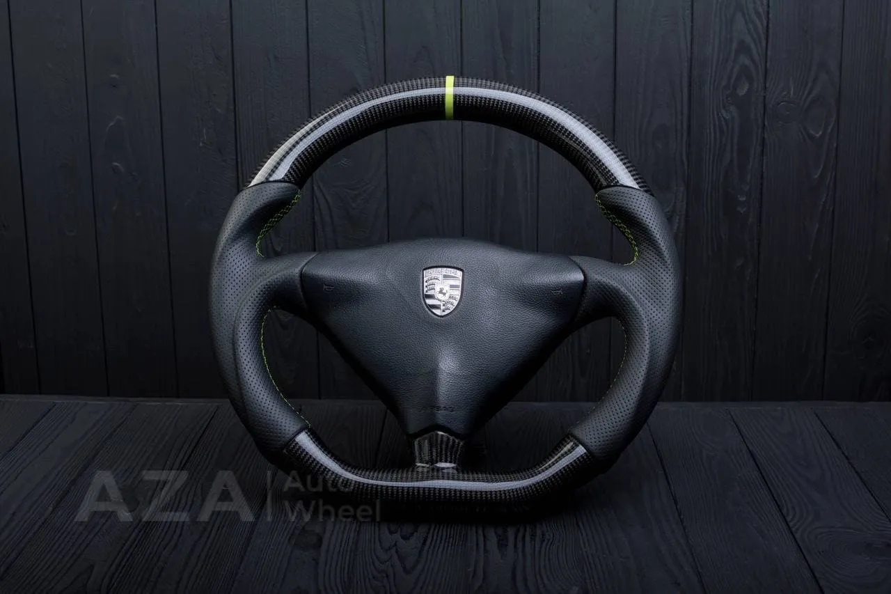 Steering wheel Porsche S996 911 993 Turbo S GT RS Like details (can be any color per request) Carbon fiber/Perforated leather/Yellow stripe