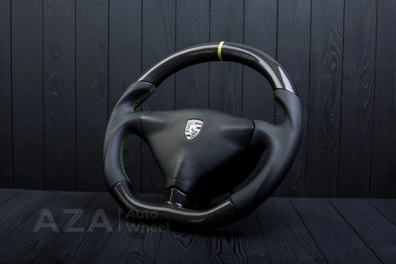 Steering wheel Porsche S996 911 993 Turbo S GT RS Like details (can be any color per request) Carbon fiber/Perforated leather/Yellow stripe - Image 4