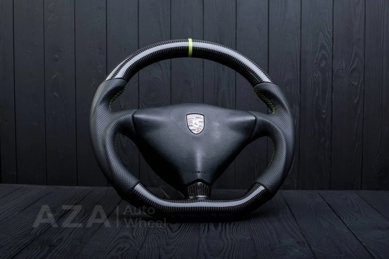Steering wheel Porsche S996 911 993 Turbo S GT RS Like details (can be any color per request) Carbon fiber/Perforated leather/Yellow stripe - Image 5