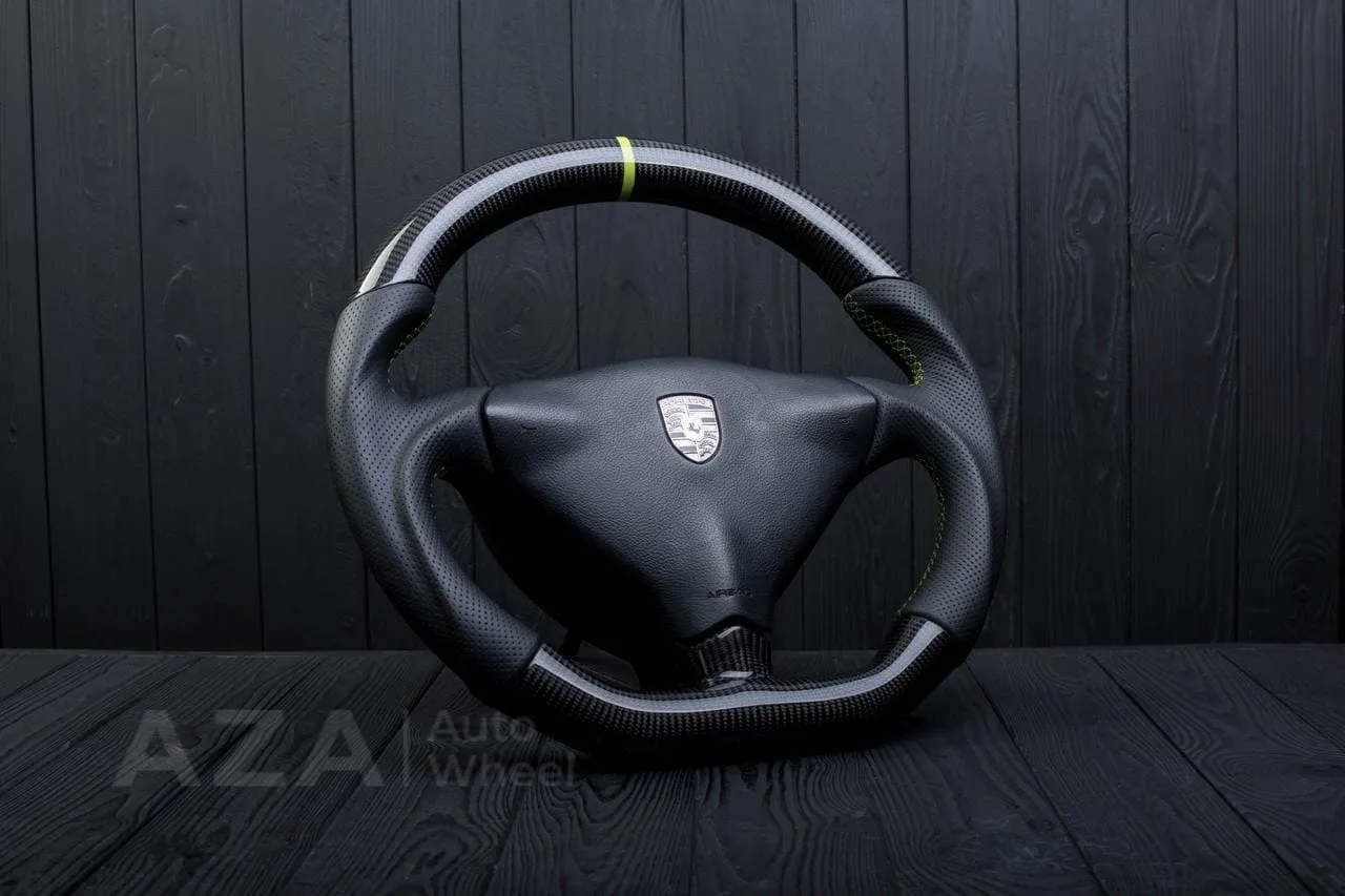 Steering wheel Porsche S996 911 993 Turbo S GT RS Like details (can be any color per request) Carbon fiber/Perforated leather/Yellow stripe - Image 6