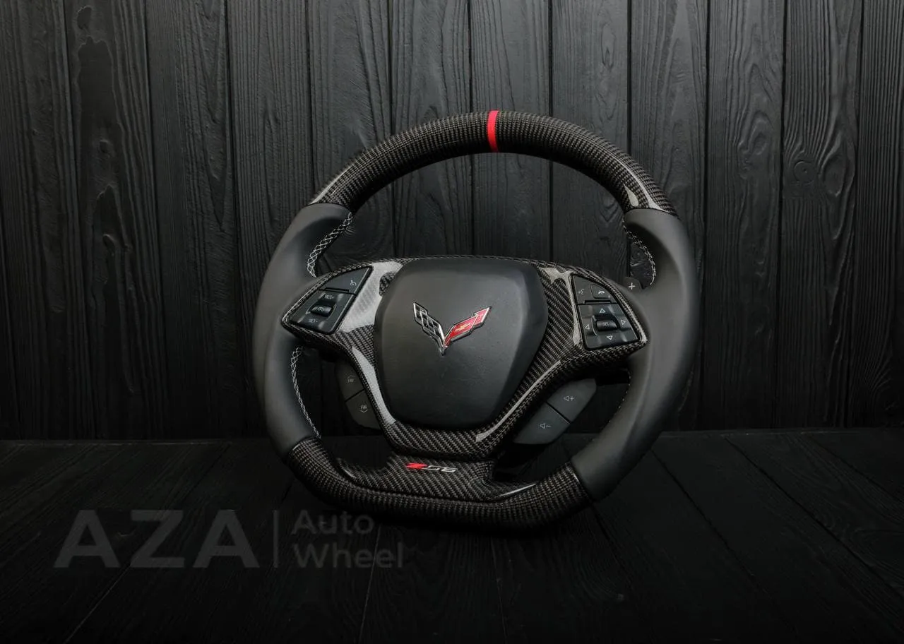 Steering wheel Chevrolet Corvette C7 2014-2019 Flat bottom (can be any color stripe and stitch) Carbon fiber/Napa/Red stripe - Image 3
