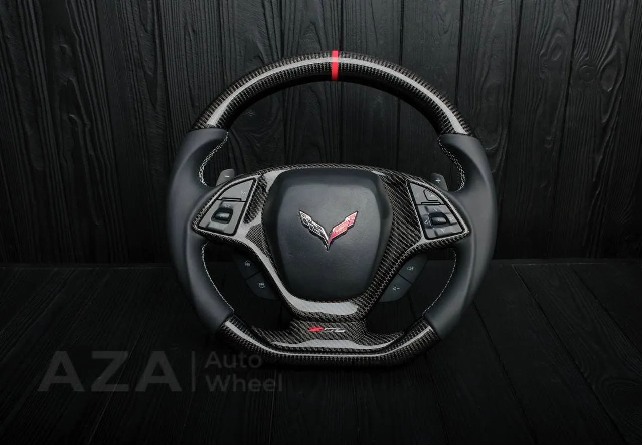 Steering wheel Chevrolet Corvette C7 2014-2019 Flat bottom (can be any color stripe and stitch) Carbon fiber/Napa/Red stripe