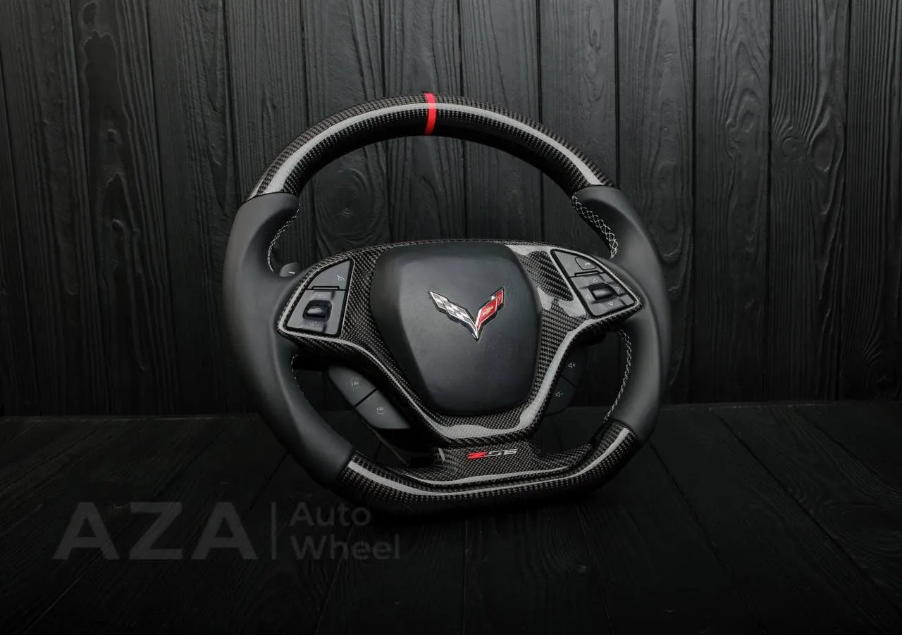 Steering wheel Chevrolet Corvette C7 2014-2019 Flat bottom (can be any color stripe and stitch) Carbon fiber/Napa/Red stripe - Image 5