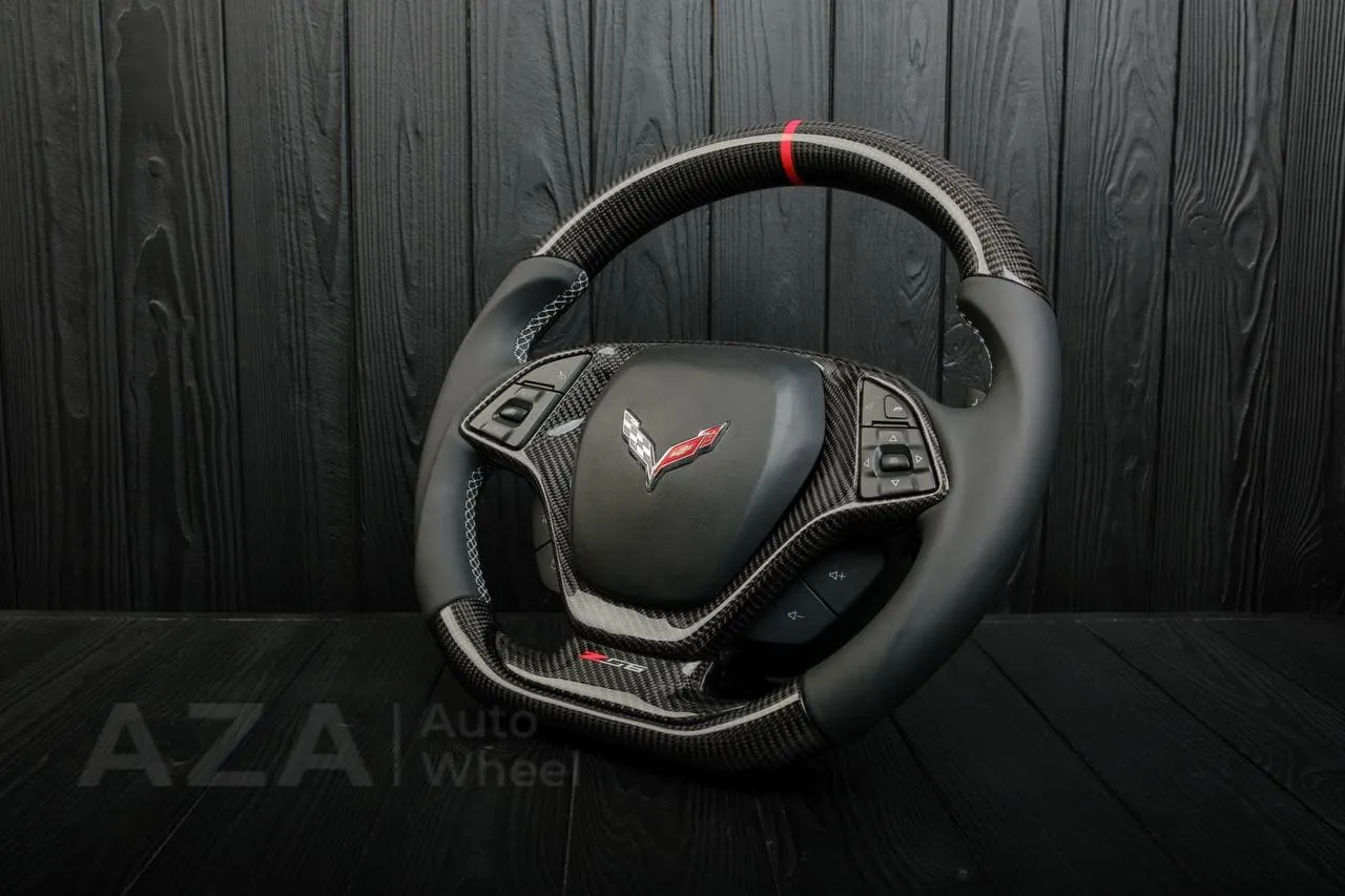 Steering wheel Chevrolet Corvette C7 2014-2019 Flat bottom (can be any color stripe and stitch) Carbon fiber/Napa/Red stripe - Image 4
