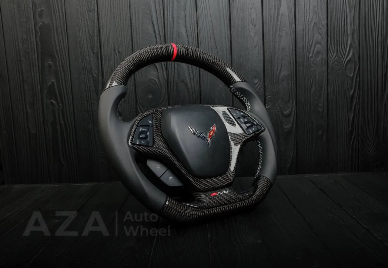 Steering wheel Chevrolet Corvette C7 2014-2019 Flat bottom (can be any color stripe and stitch) Carbon fiber/Napa/Red stripe - Image 6