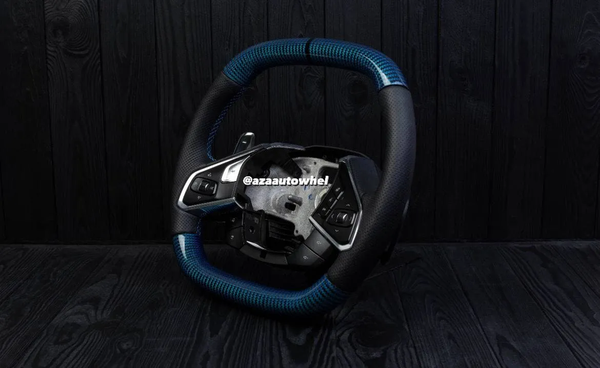Steering wheel Corvette C8 Custom Blue carbon fiber/Oem fitment/Black stripe/Blue stitch (can be any color) - Image 4