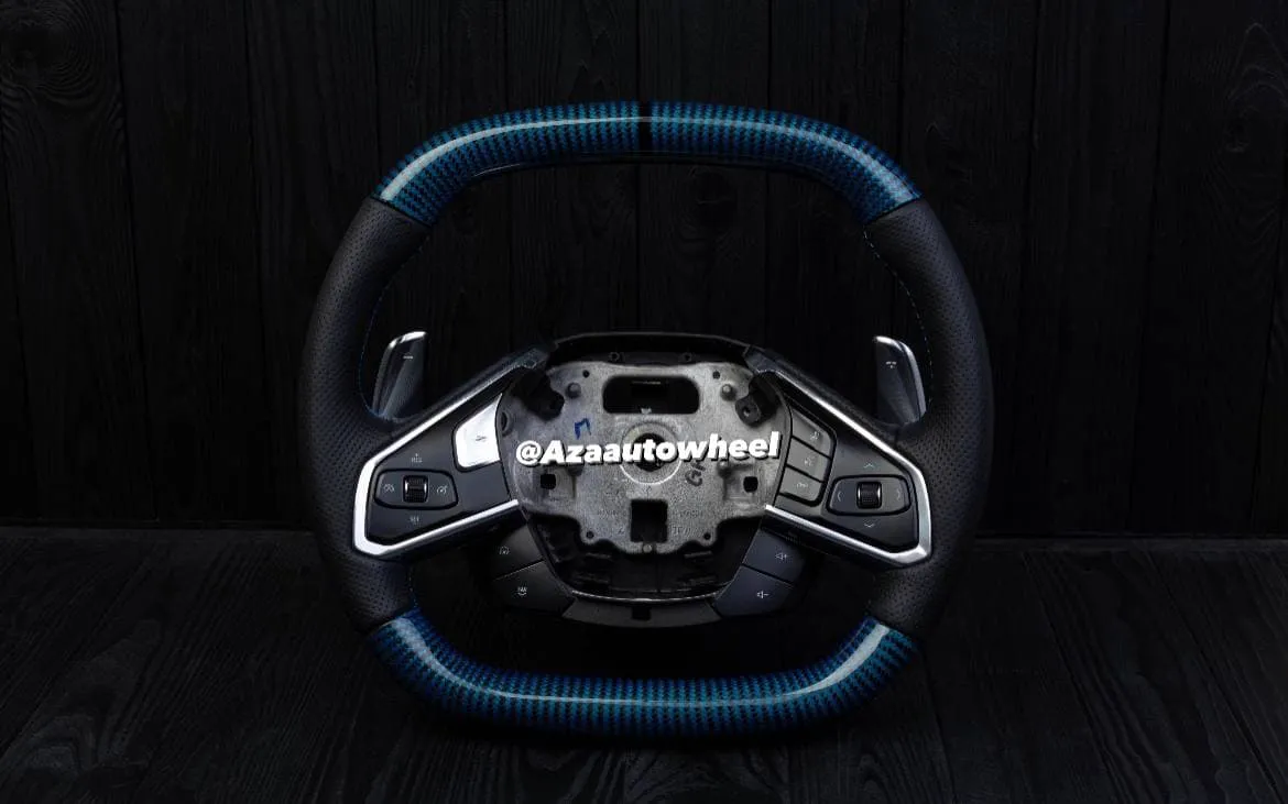Steering wheel Corvette C8 Custom Blue carbon fiber/Oem fitment/Black stripe/Blue stitch (can be any color)