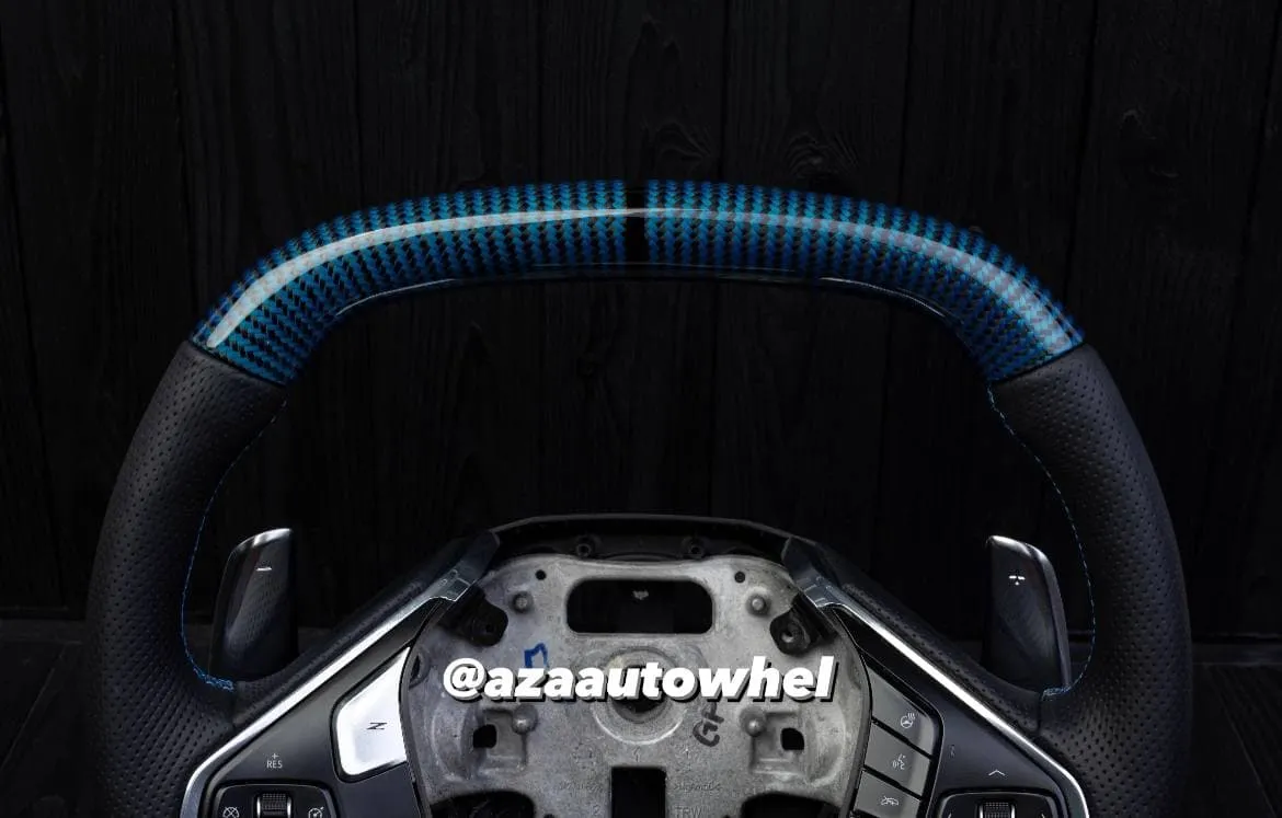 Steering wheel Corvette C8 Custom Blue carbon fiber/Oem fitment/Black stripe/Blue stitch (can be any color) - Image 7