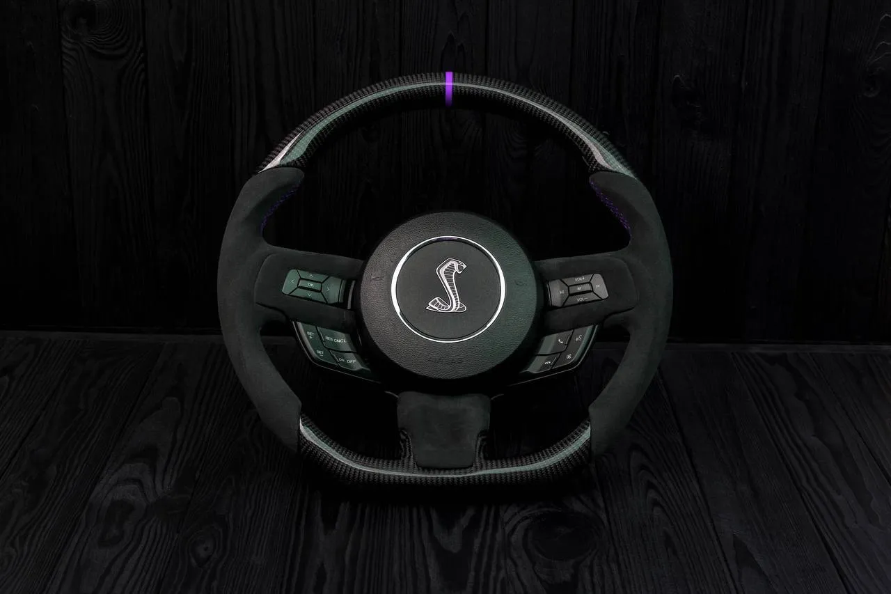 Steering wheel Ford Mustang 2015+ Less air bag buttons Unique carbon fiber/Alcantara/Purple stripe