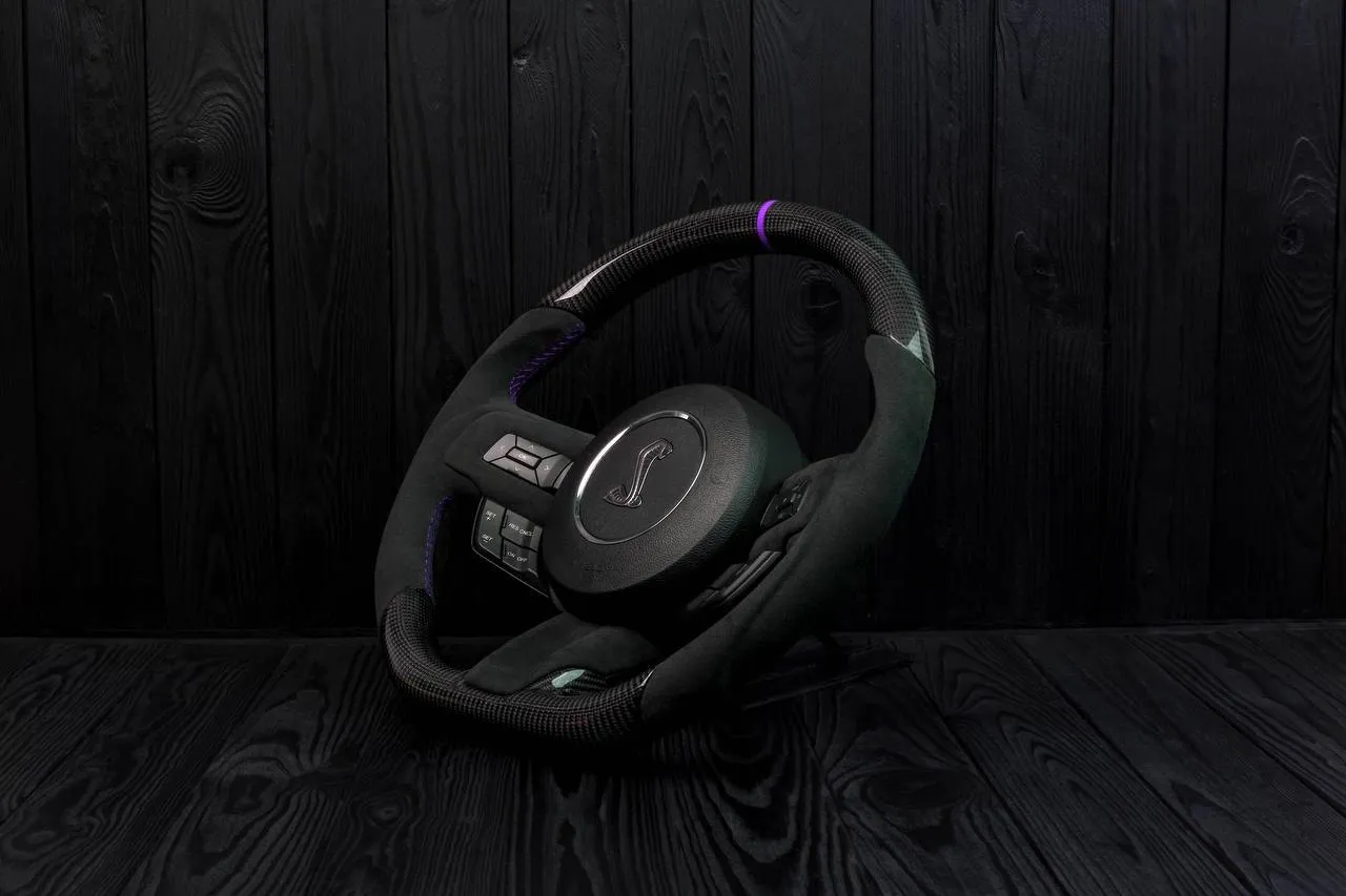 Steering wheel Ford Mustang 2015+ Less air bag buttons Unique carbon fiber/Alcantara/Purple stripe - Image 4