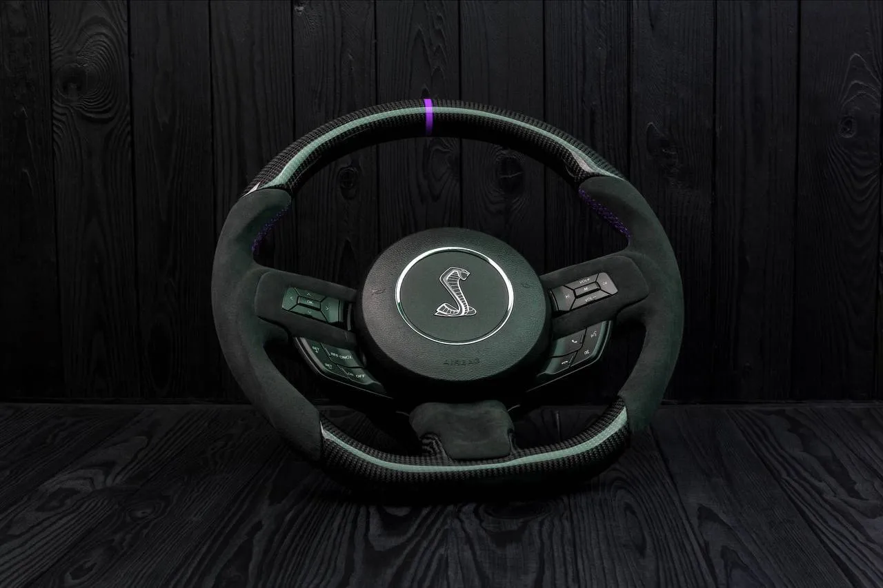 Steering wheel Ford Mustang 2015+ Less air bag buttons Unique carbon fiber/Alcantara/Purple stripe - Image 5