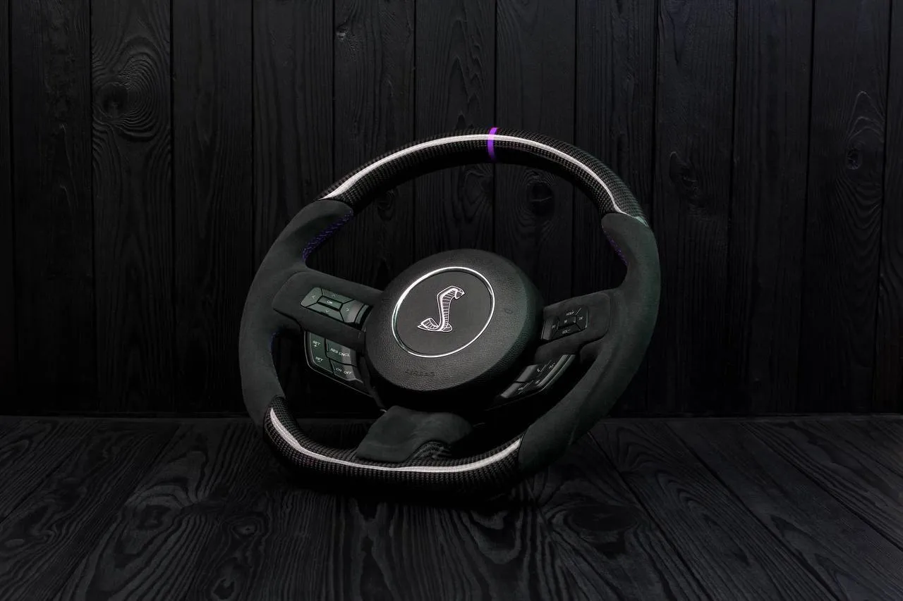 Steering wheel Ford Mustang 2015+ Less air bag buttons Unique carbon fiber/Alcantara/Purple stripe - Image 3