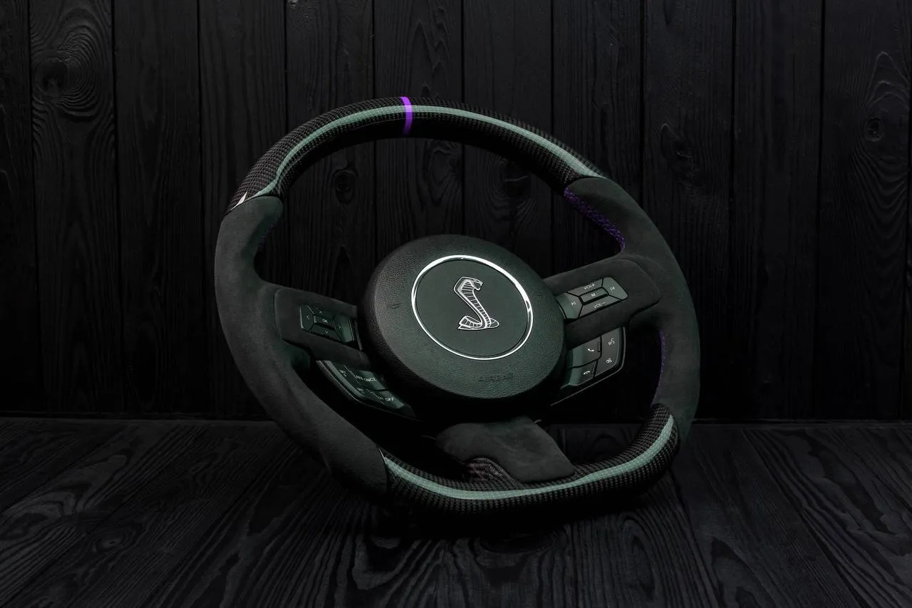 Steering wheel Ford Mustang 2015+ Less air bag buttons Unique carbon fiber/Alcantara/Purple stripe - Image 6