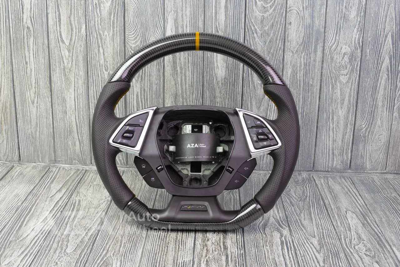 Steering wheel Chevrolet Camaro 2016+ Custom paddle shifters Carbon fiber/Perforated leather/Yellow stripe