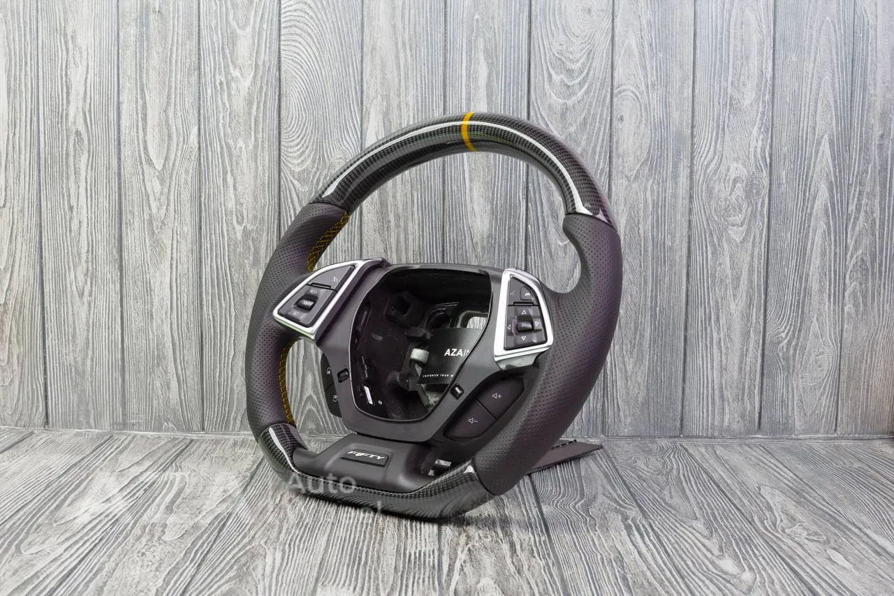 Steering wheel Chevrolet Camaro 2016+ Custom paddle shifters Carbon fiber/Perforated leather/Yellow stripe - Image 4