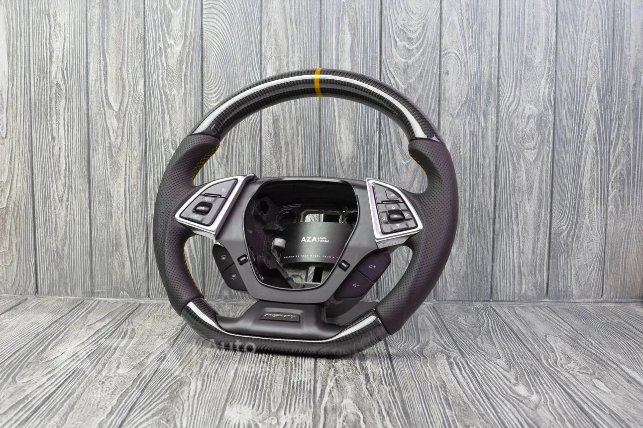 Steering wheel Chevrolet Camaro 2016+ Custom paddle shifters Carbon fiber/Perforated leather/Yellow stripe - Image 3